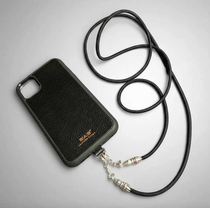 Funda/Soporte de Cuero Genuino Full-Grain curtido vegetal al tanino para iPhone/microfibra. 2 Terminales Cuerda, 2 Eslabones y 6 Argollas, todos de Plata Esterlina 925 & Crossbody/Collar/Gargantilla/Pulsera de Cuerda Elástica Negra.- KC29i