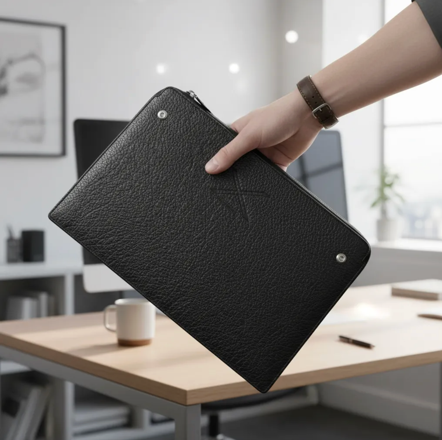 Funda B|A|B® Leather Goods de cuero Genuino Natura Negro, curtido vegetal al tanino/Fieltro para MacBook Air 13,3"/14" Pro.- 1005 B