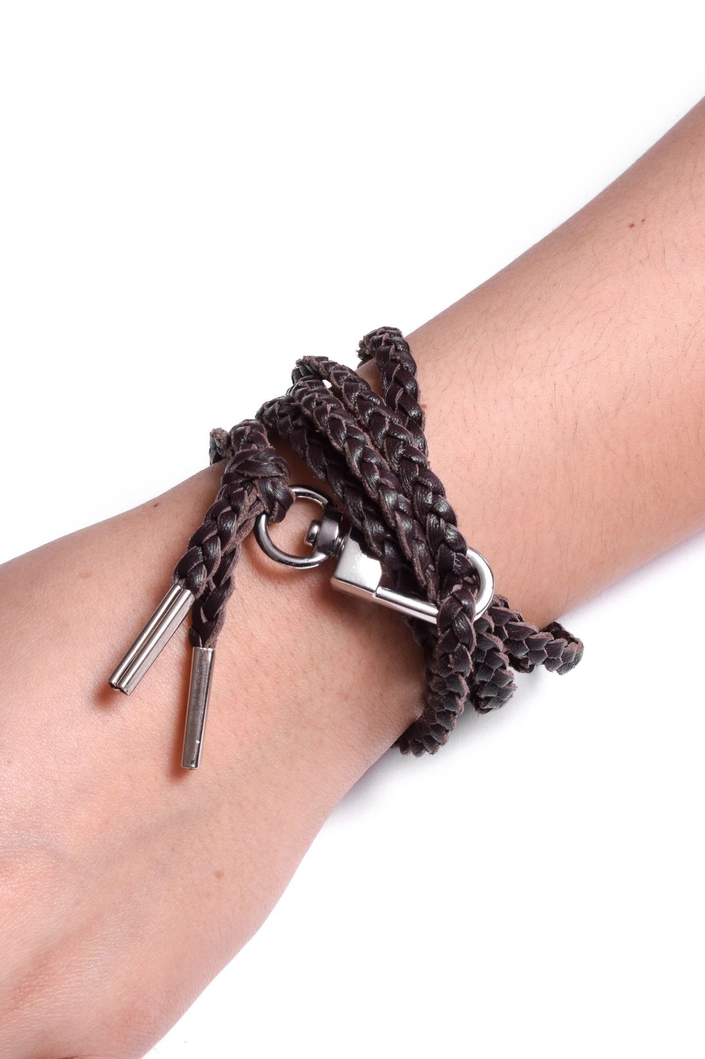 Genuine Leather Bracelet/Crossbody/Necklace with 3 hand-braided double strands, Brown, or Black. 1 Swivel Carabiner and 2 Silver-plated Terminals.- P38
