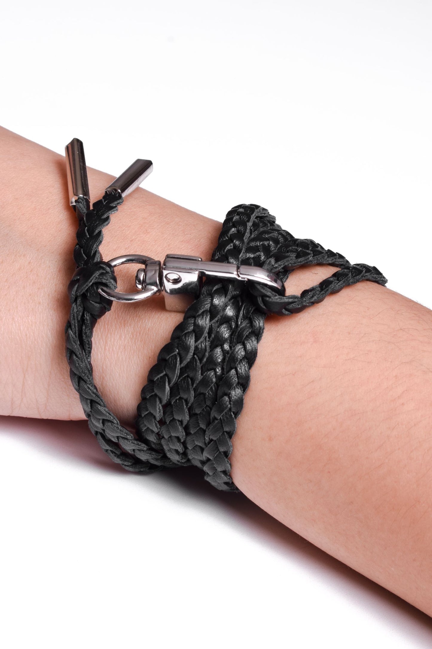 Genuine Leather Bracelet/Crossbody/Necklace with 3 hand-braided double strands, Brown, or Black. 1 Swivel Carabiner and 2 Silver-plated Terminals.- P38