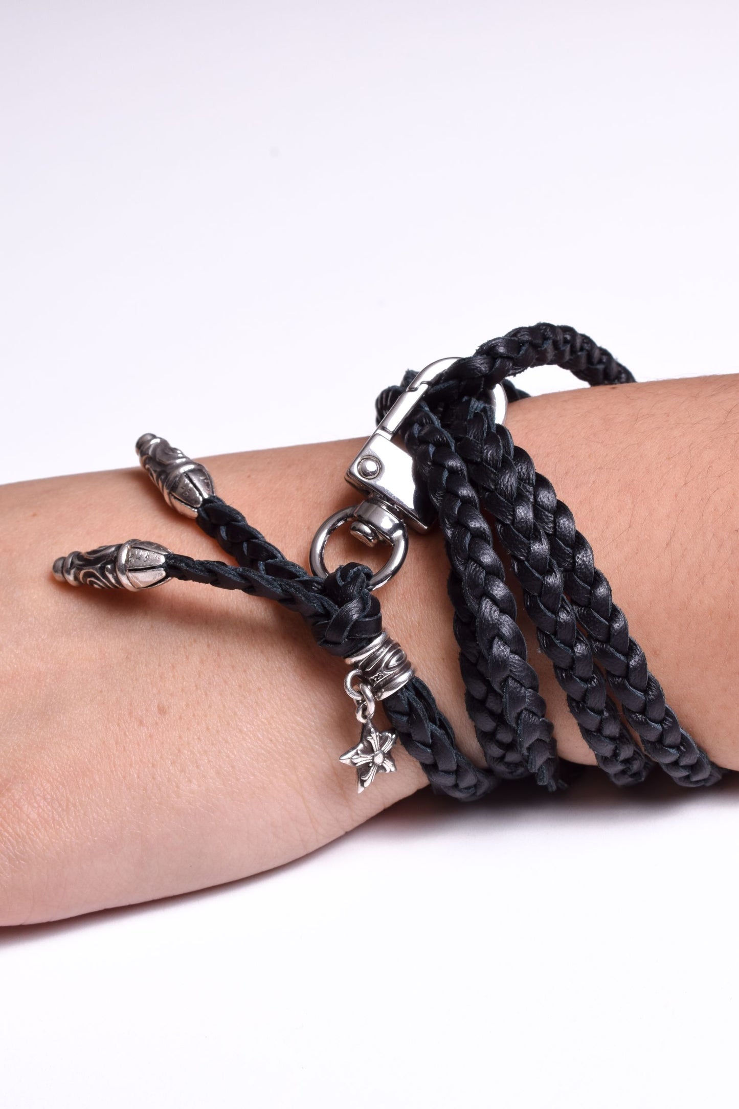 Laser-engraved Silicone cell phone Holder. 2 Spiral Terminals, 1 Spiral Pin with Ring, and 1Star Pendant, all made of solid 925 Sterling Silver & Genuine Leather Crossbody/Necklace/Bracelet with 3 hand-braided strands, Brown, or Black.- SP33