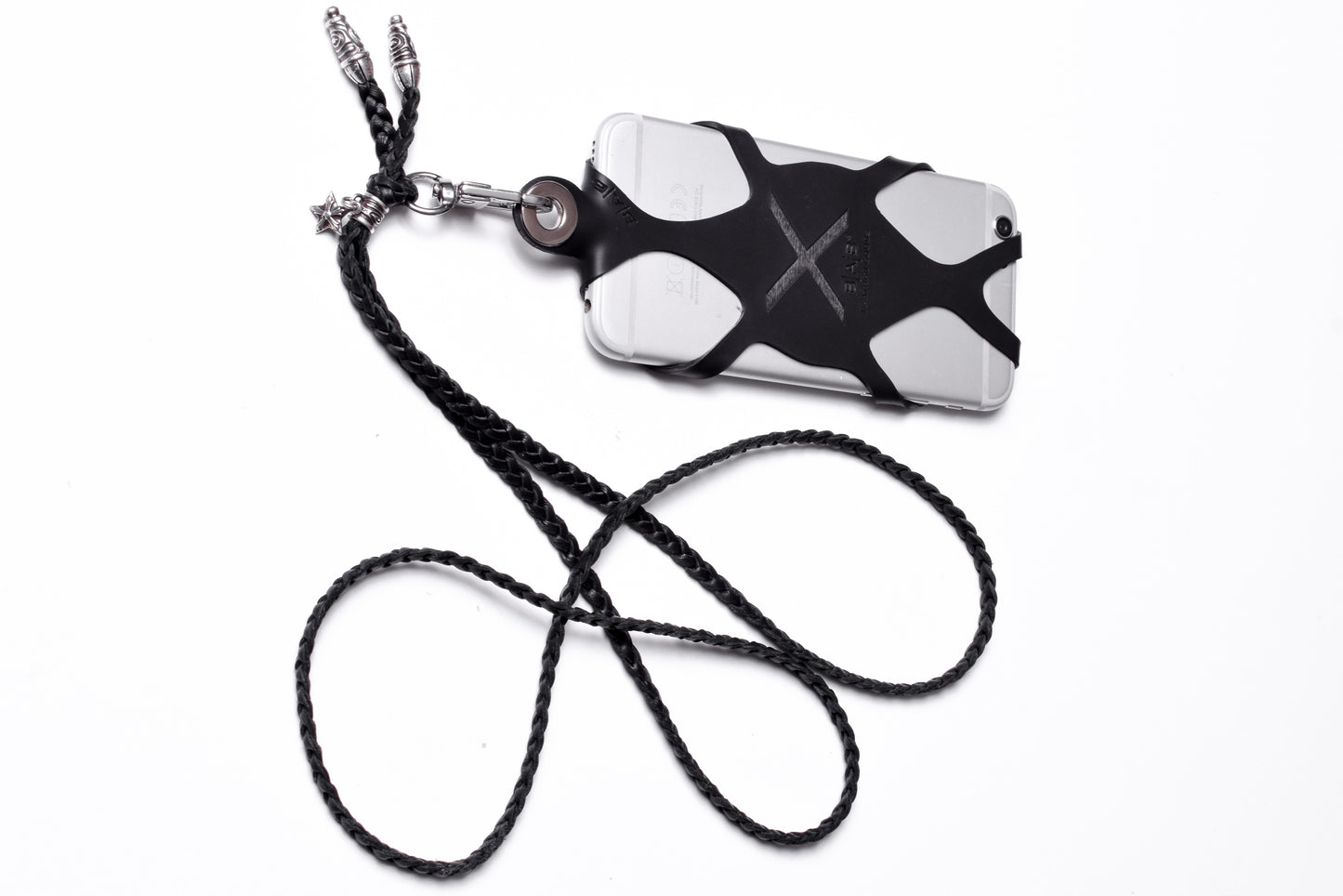 Soporte para Celular de Silicona grabado con láser & Crossbody/Collar/Pulsera de Cuero Genuino 3 cabos dobles trenzados a mano, Marrón o Negro. 2 Terminales y Pasador Espiral con Pendiente Estrella, todos de Plata Esterlina 925.- SP33