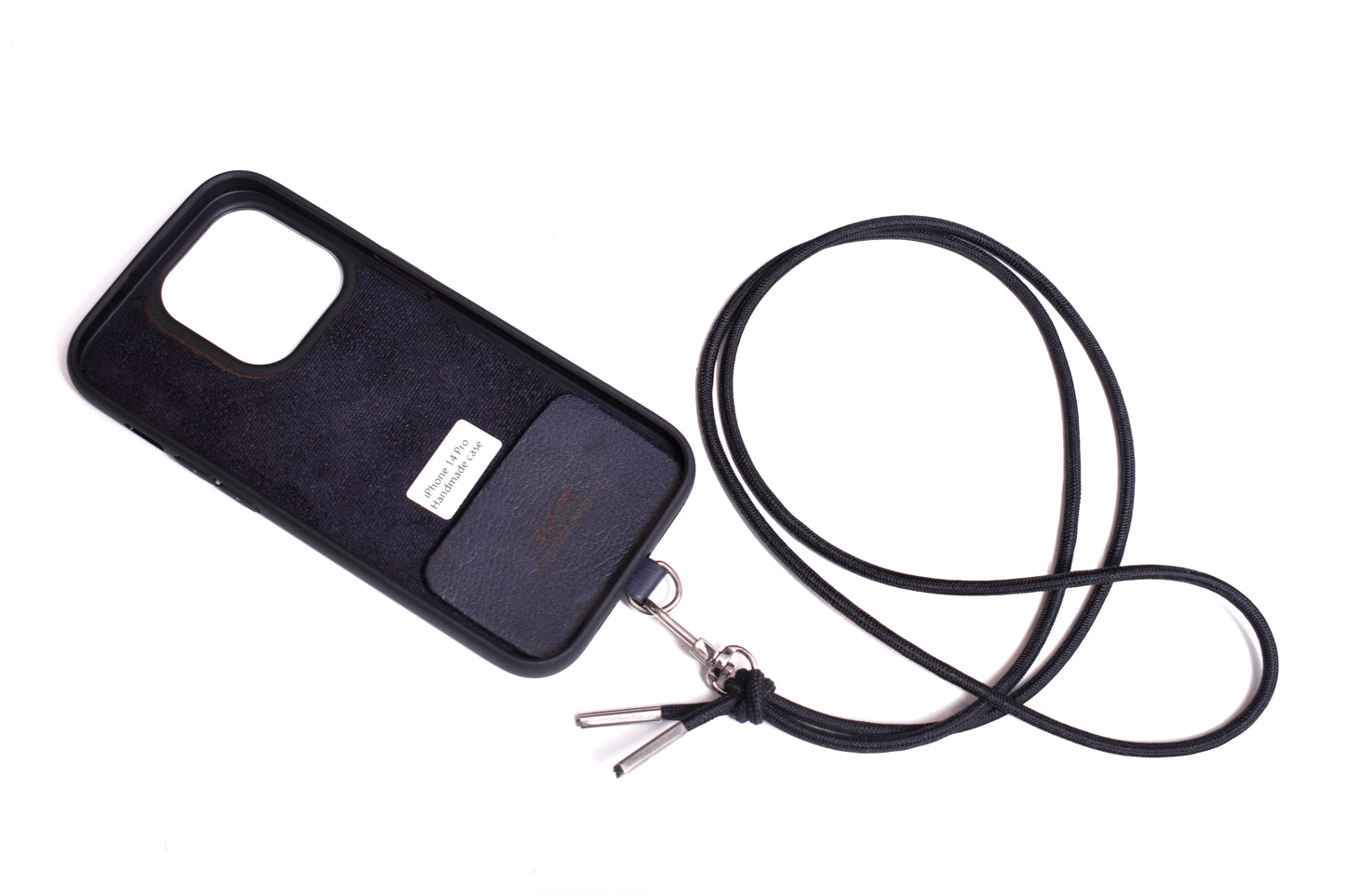 Laser-engraved Universal Cell Phone Support. Full-Grain vegetable-tanned Genuine Leather & Black Elastic Rope Bracelet/Crossbody/Necklace.- SC57