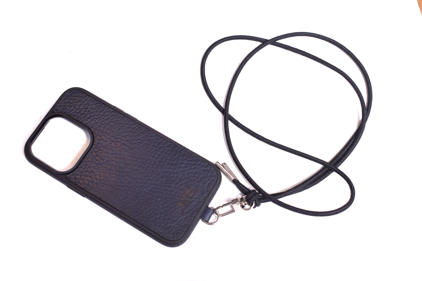 Laser-engraved Universal Cell Phone Support. Full-Grain vegetable-tanned Genuine Leather & Black Elastic Rope Bracelet/Crossbody/Necklace.- SC57