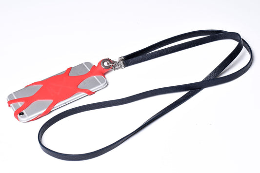 Support pour téléphone portable en Silicone gravé au laser. 2 Bornes de Cape, 1 Canne, 1 Fermoir en S, e 6 Anneaux, en Argent 925 massif & Bandoulière/Collier/Bracelet en Cuir Véritable Pleine Fleur tanné végétal, Bleu, Marron, Noir ou Rouge.- SP25
