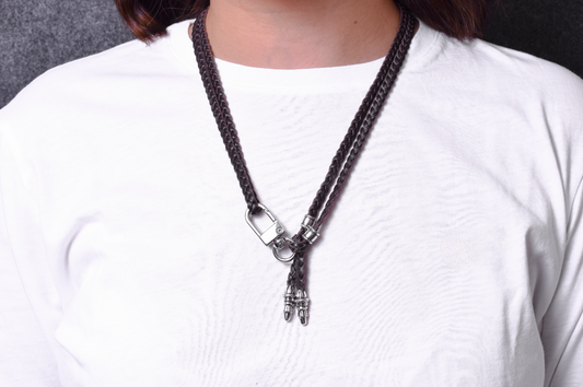 2 Terminales Cuerda y 2 Pasadores Cuerda, todos de Plata Esterlina 925 maciza & Crossbody/Collar/Pulsera de Cuero Genuino con tres cabos dobles trenzados a mano, Marrón o Negro.- CP42