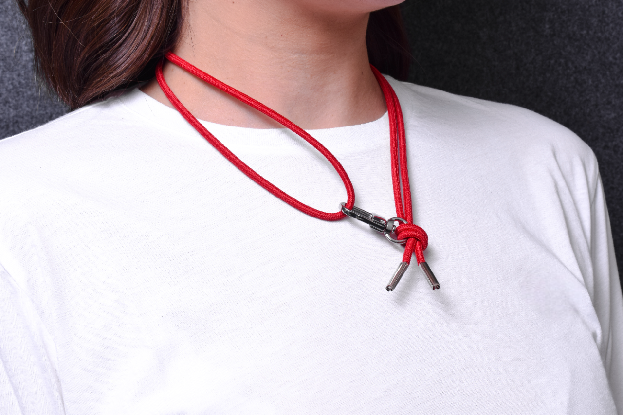Laser-engraved Silicone cell phone Holder. Elastic Rope Crossbody/Necklace/Bracelet, Multicolor / Black / Red with 1 swivel Carabiner, 1 Eyelet, and 2 Silver-plated End caps.- S27
