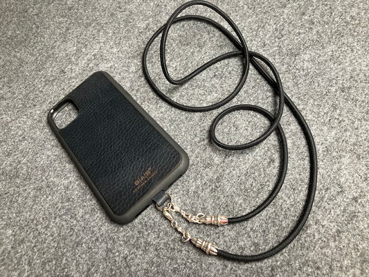 Funda/Soporte de Cuero Genuino Full-Grain curtido vegetal al tanino para iPhone/microfibra. 2 Terminales Cuerda, 2 Eslabones y 6 Argollas, todos de Plata Esterlina 925 & Crossbody/Collar/Gargantilla/Pulsera de Cuerda Elástica Negra.- KC29i