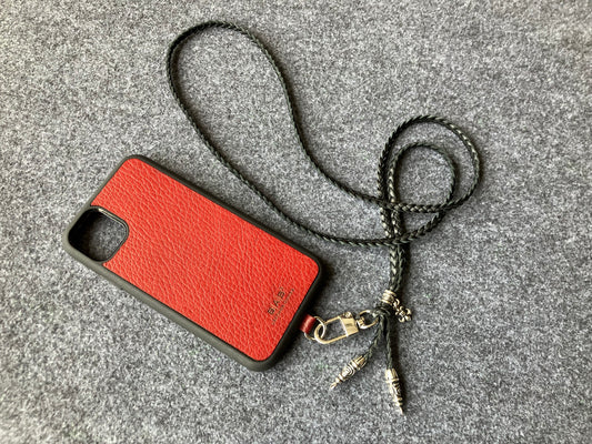 iPhone/Samsung Case/Holder/Crossbody/Necklace/Bracelet Kit made of Full-Grain Genuine Vegetable-Tanned Leather & 925 Sterling Silver Fleur de Lys.- P45