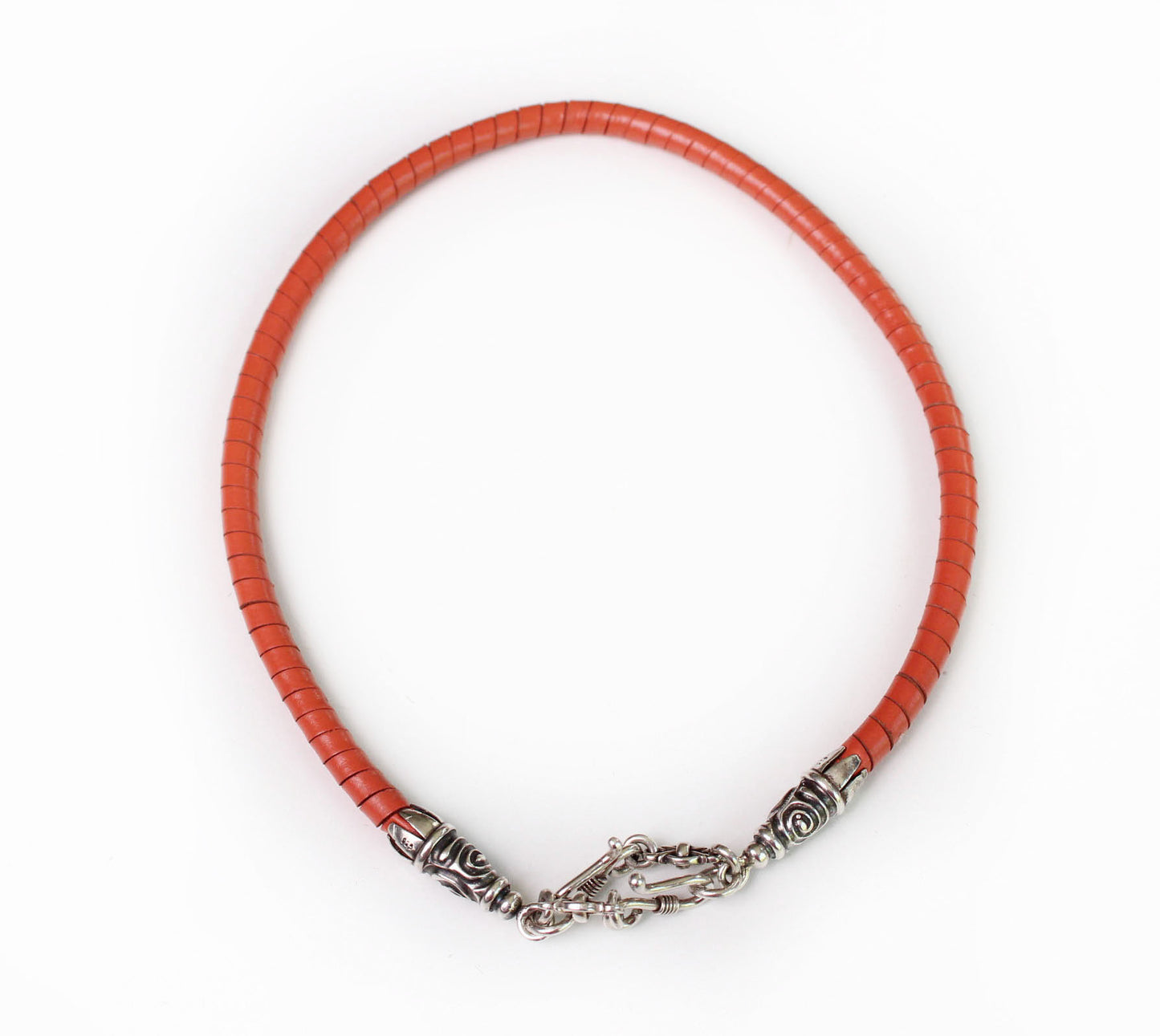 925 Sterling Silver & Genuine Leather Hand-braided Spiral Bracelet/Choker/Strap.- P01