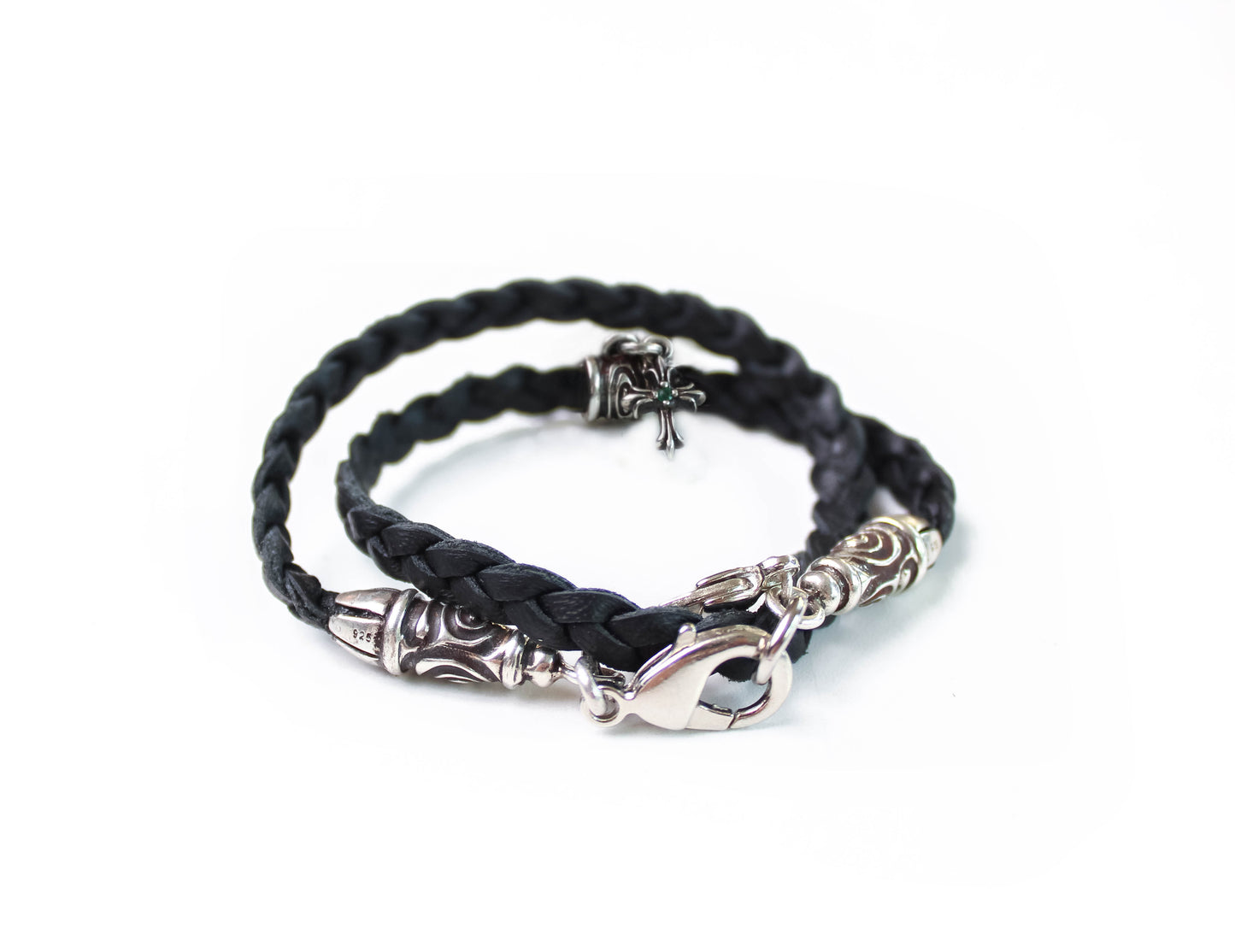 925 Sterling Silver & Genuine Leather Bracelet/Choker/Strap with three double strands braided by hand, Brown or Black.- P24