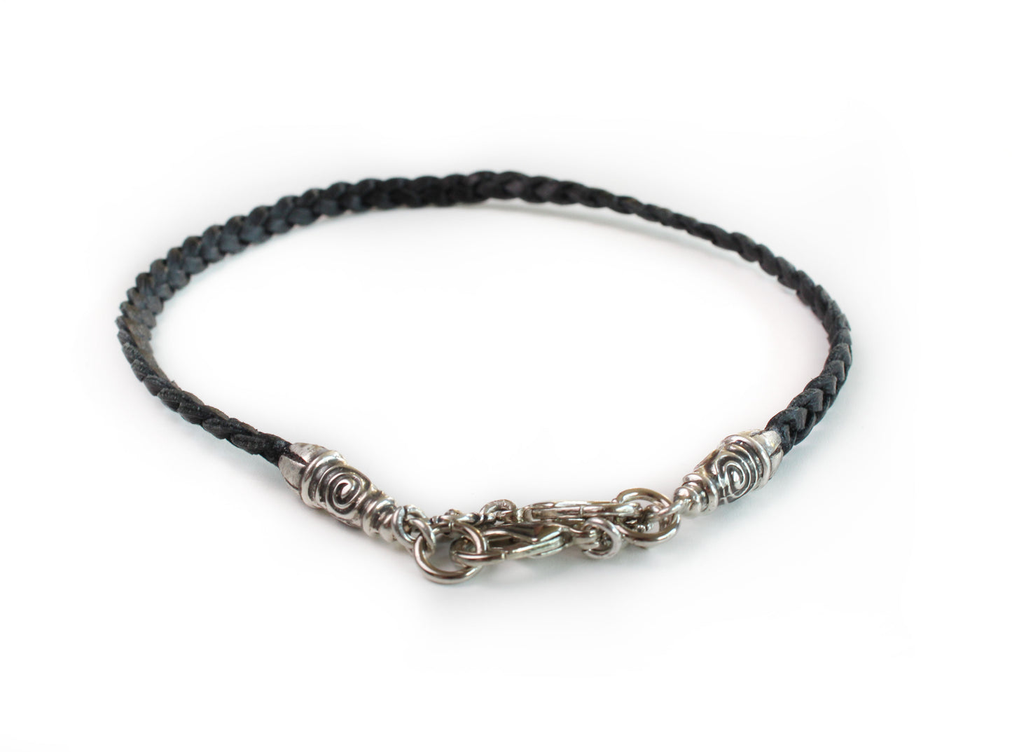 925 Sterling Silver Genuine Leather Bracelet/Choker/Strap with three Hand-braided double strands, Brown, or Black.- P17  ​