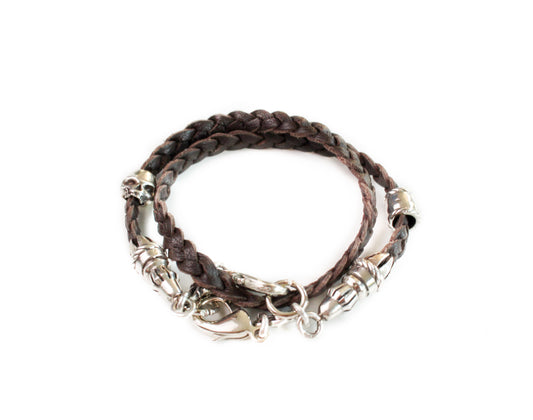 925 Sterling Silver & Genuine Leather Bracelet/Choker/Strap with three double strands braided by hand, Brown or Black.- P03