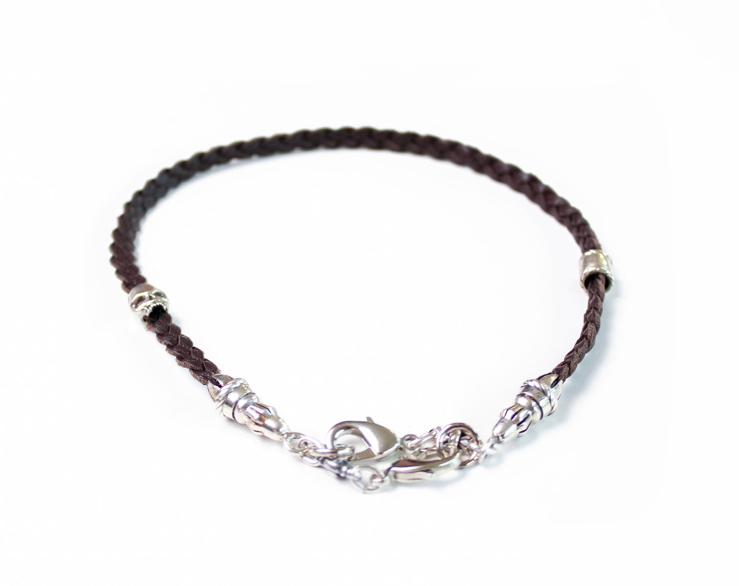 925 Sterling Silver & Genuine Leather Bracelet/Choker/Strap with three double strands braided by hand, Brown or Black.- P03
