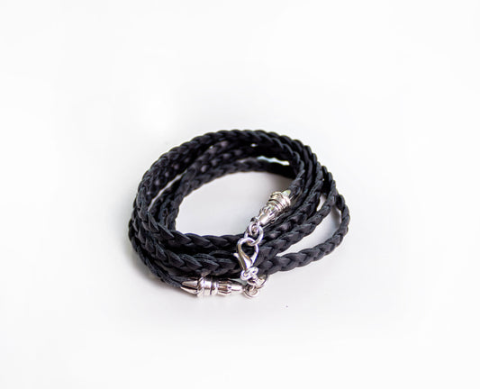 Bracelet/Crossbody/Necklace in 925 Sterling Silver & Genuine Leather three double strands braided by hand, Brown or Black.- P14