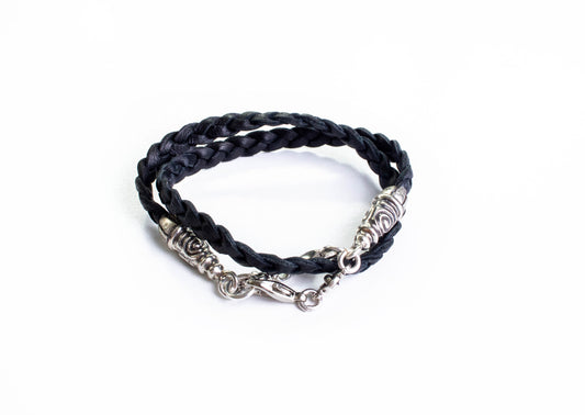 925 Sterling Silver Genuine Leather Bracelet/Choker/Strap with three Hand-braided double strands, Brown, or Black.- P17  ​