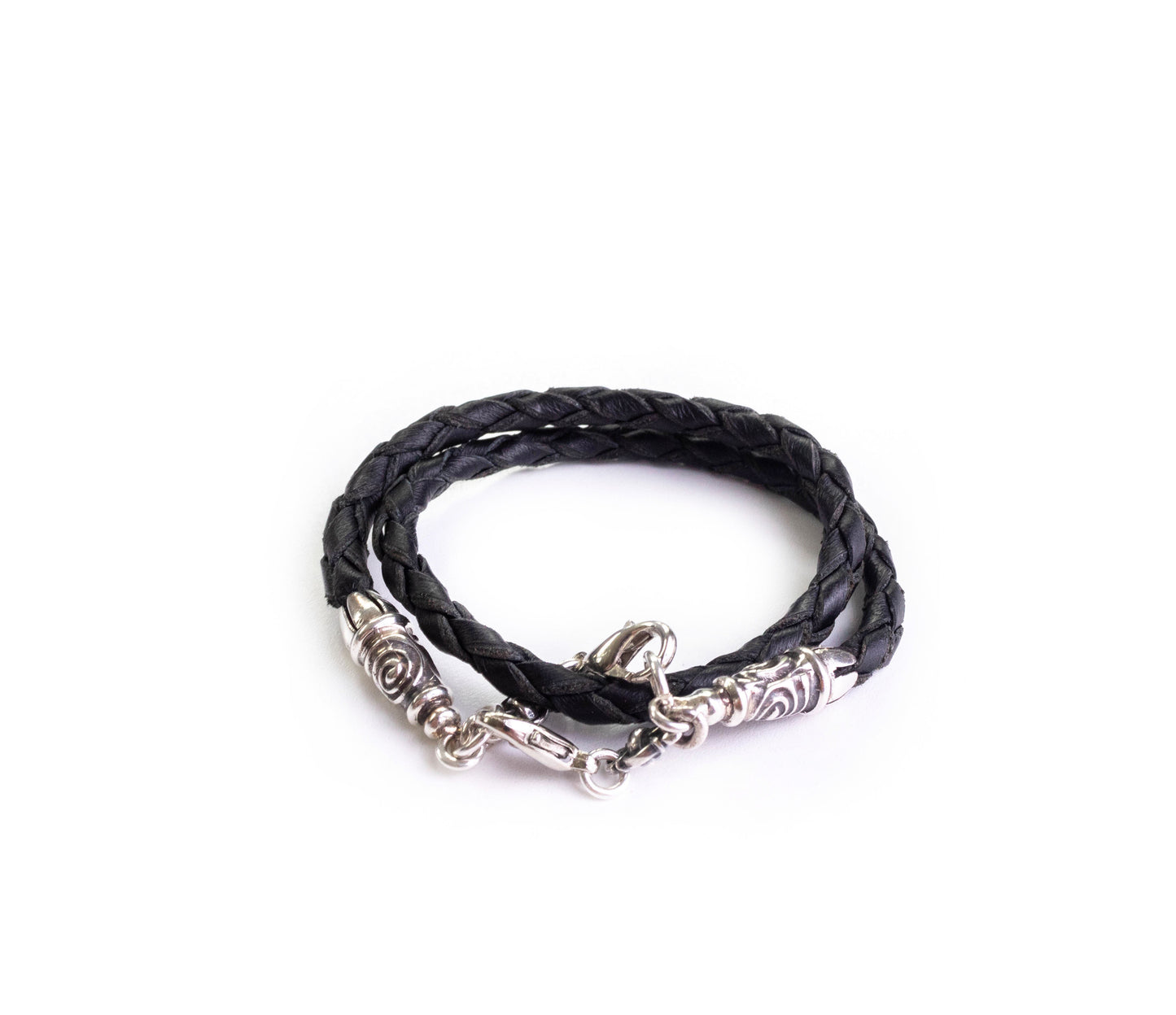 925 Sterling Silver & Genuine Leather Bracelet/Choker/Strap 4 strands Hand-braided.- P22