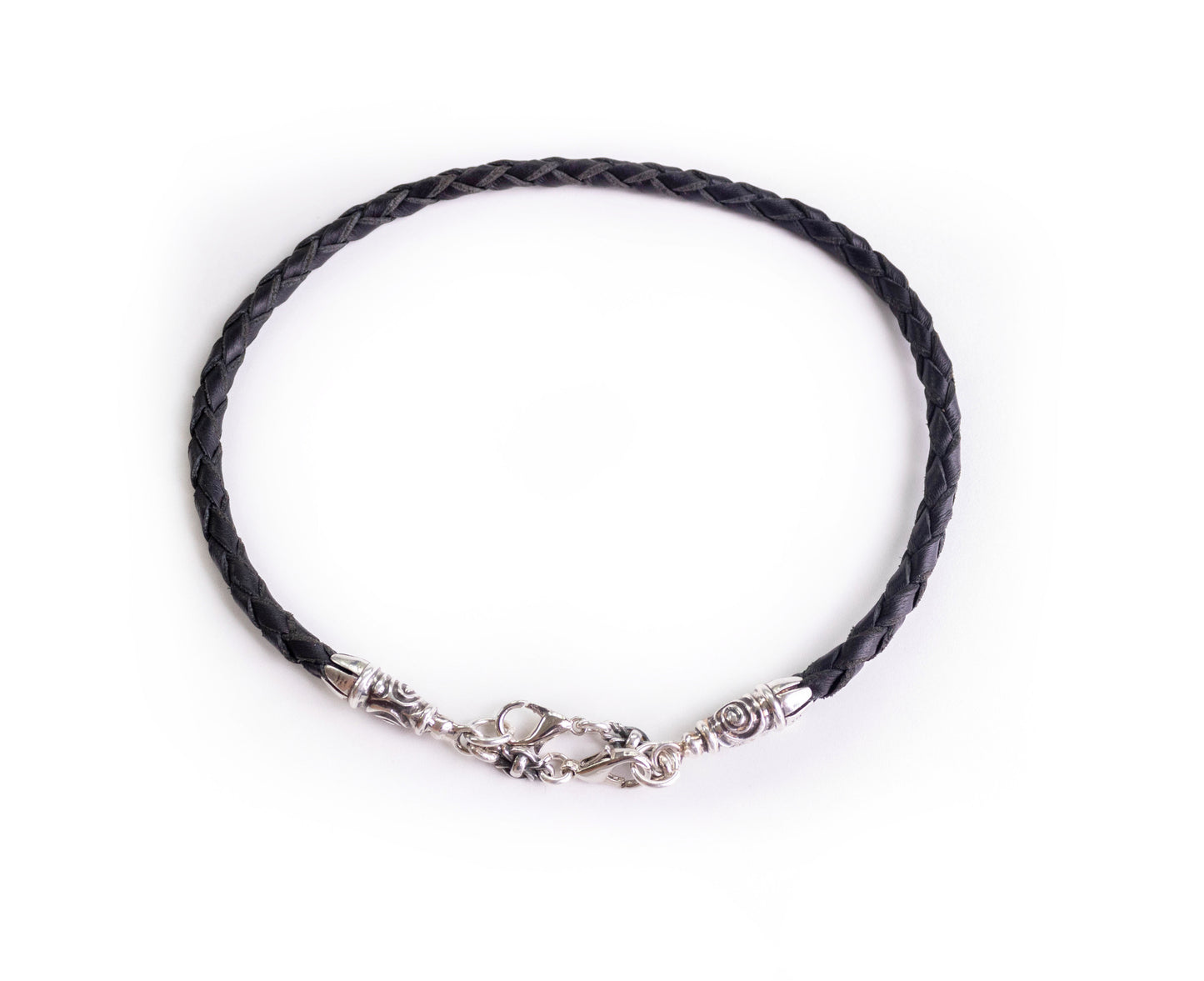 925 Sterling Silver & Genuine Leather Bracelet/Choker/Strap 4 strands Hand-braided.- P22