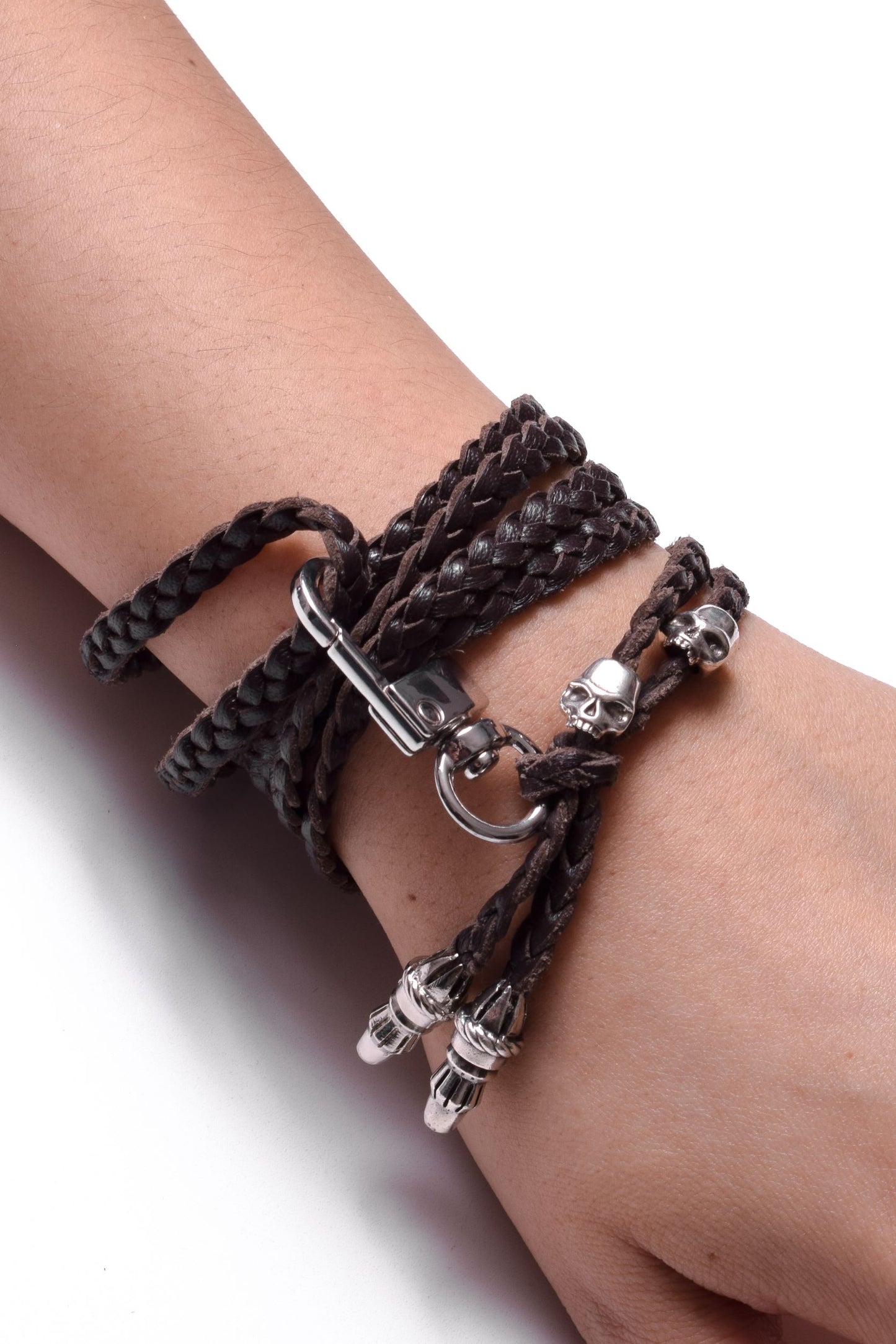 Laser-engraved Silicone Smartphone Support & Genuine Leather Bracelet/Crossbody/Necklace 3 Double hand-braided Strands, Brown or Black. 2 Skulls and 2 Rope terminals, all 925 Sterling Silver.- S30