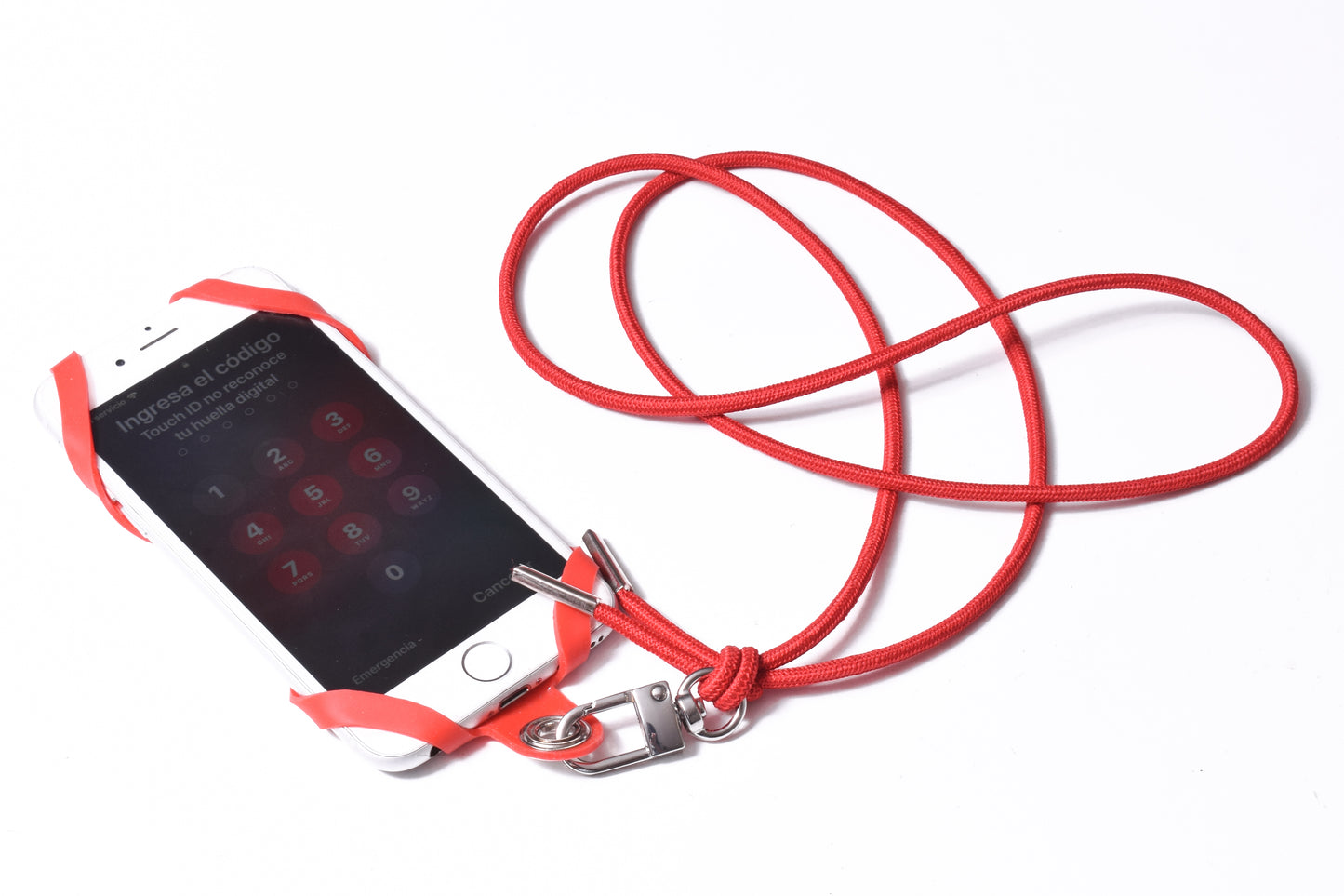 Laser-engraved Silicone Smartphone Support & Elastic Rope Bracelet/Crossbody/Necklace, Multicolor, Black or Red. 1 Swivel Carabiner and 2 Silver Terminals.- S27