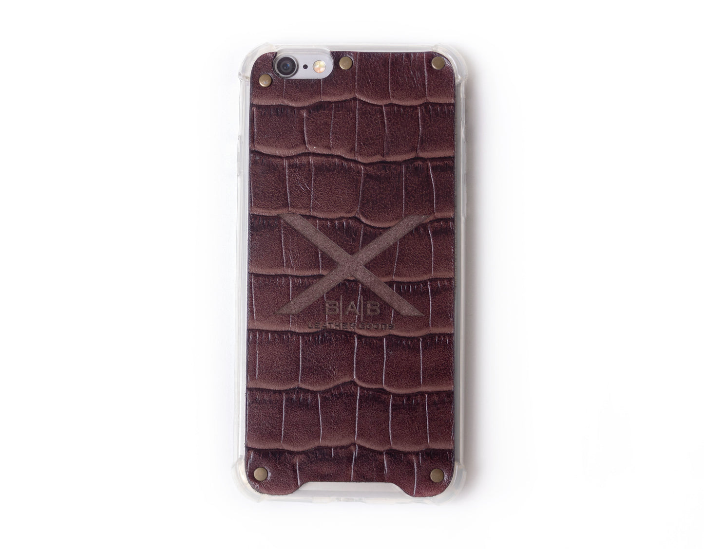 Textured Brown Crocodile Patent Genuine Leather iPhone Case cut and laser engraved, 5 Bronze Rivets.- F36