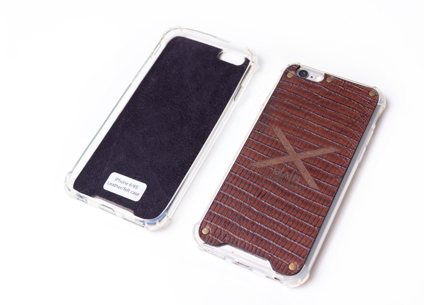 Γνήσια Δερμάτινη Θήκη iPhone με υφή, πατέντα Καφέ Σαύρα, κομμένη και χαραγμένη με λέιζερ, 5 Xάλκινα Πριτσίνια.- F36