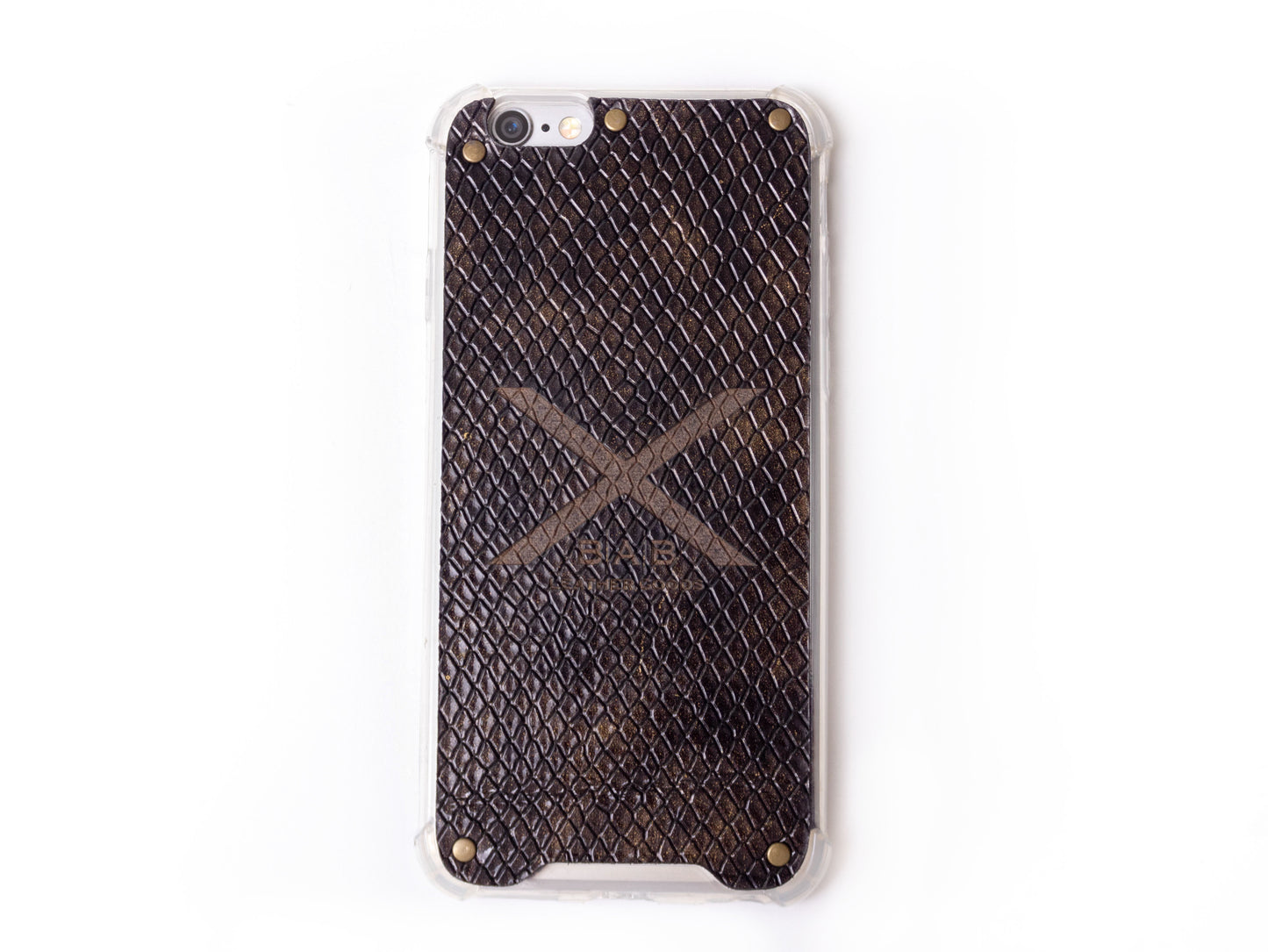 Γνήσια Δερμάτινη Θήκη iPhone με υφή, πατέντα Golden Python, κομμένη και χαραγμένη με λέιζερ, 5 Xάλκινα Πριτσίνια.- F36