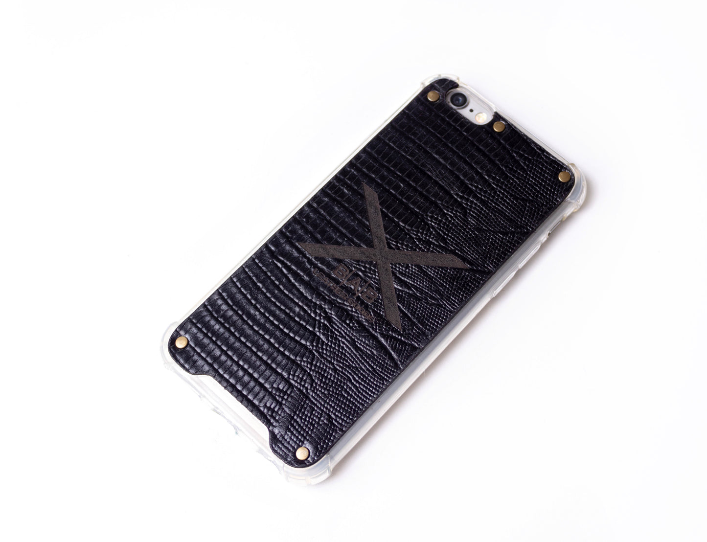 Textured Black Lizard Patent Genuine Leather iPhone Case cut and laser engraved, 5 Bronze Rivets.- F36