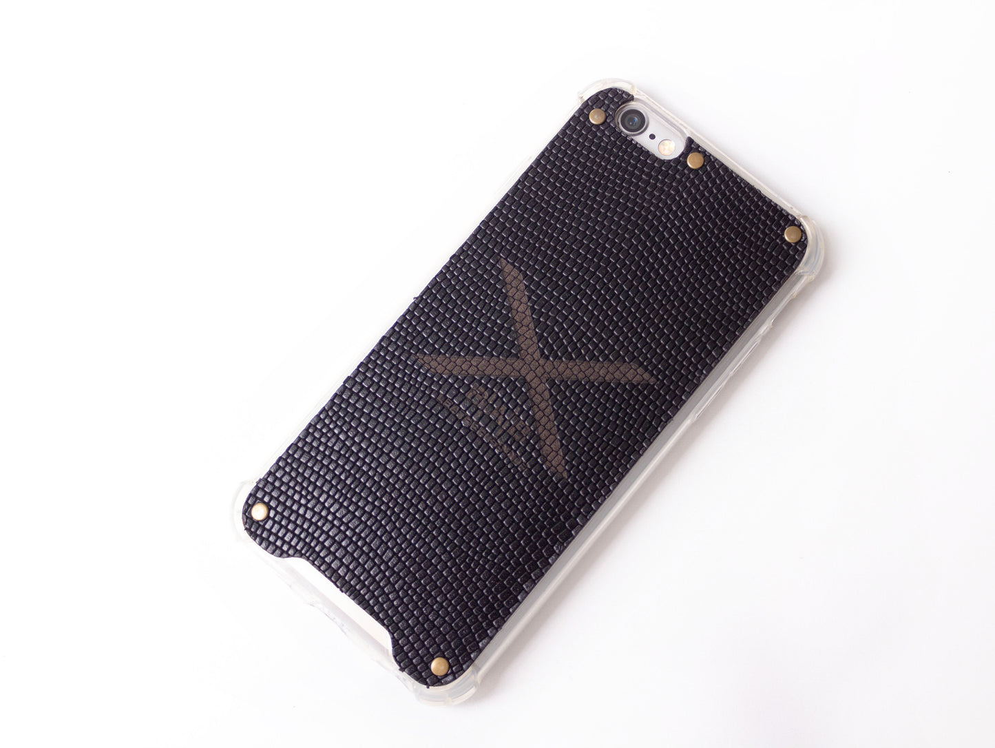 Textured Black Snake Patent Genuine Leather iPhone Case cut and laser engraved, 5 Bronze Rivets.- F36