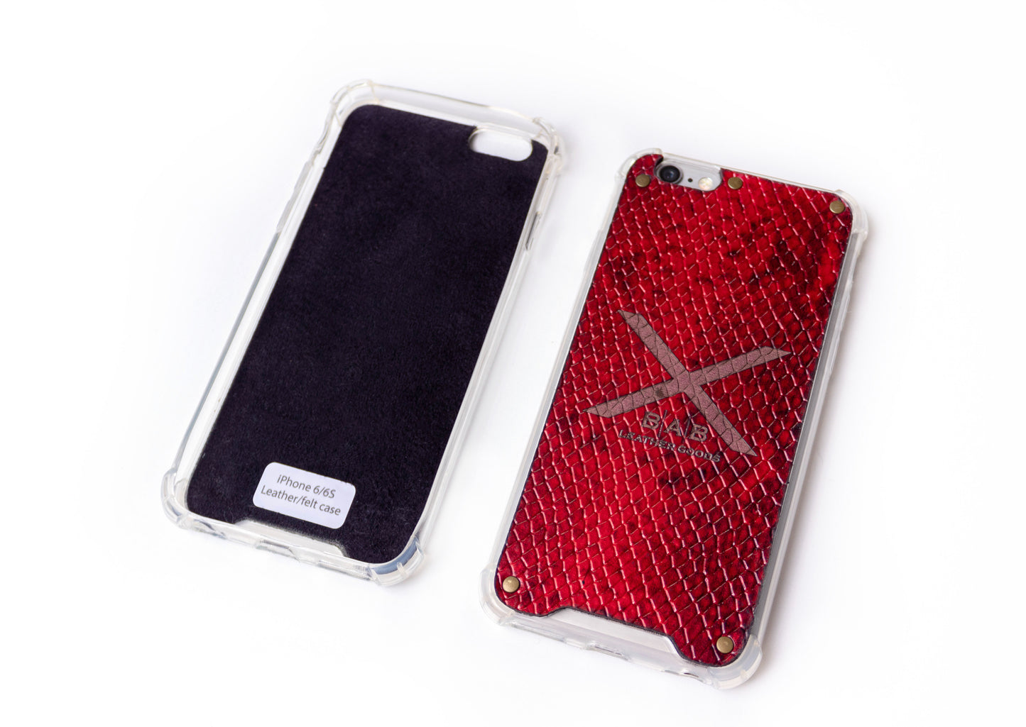 Textured Red Python Patent Genuine Leather iPhone Case cut and laser engraved, 5 Bronze Rivets.- F36