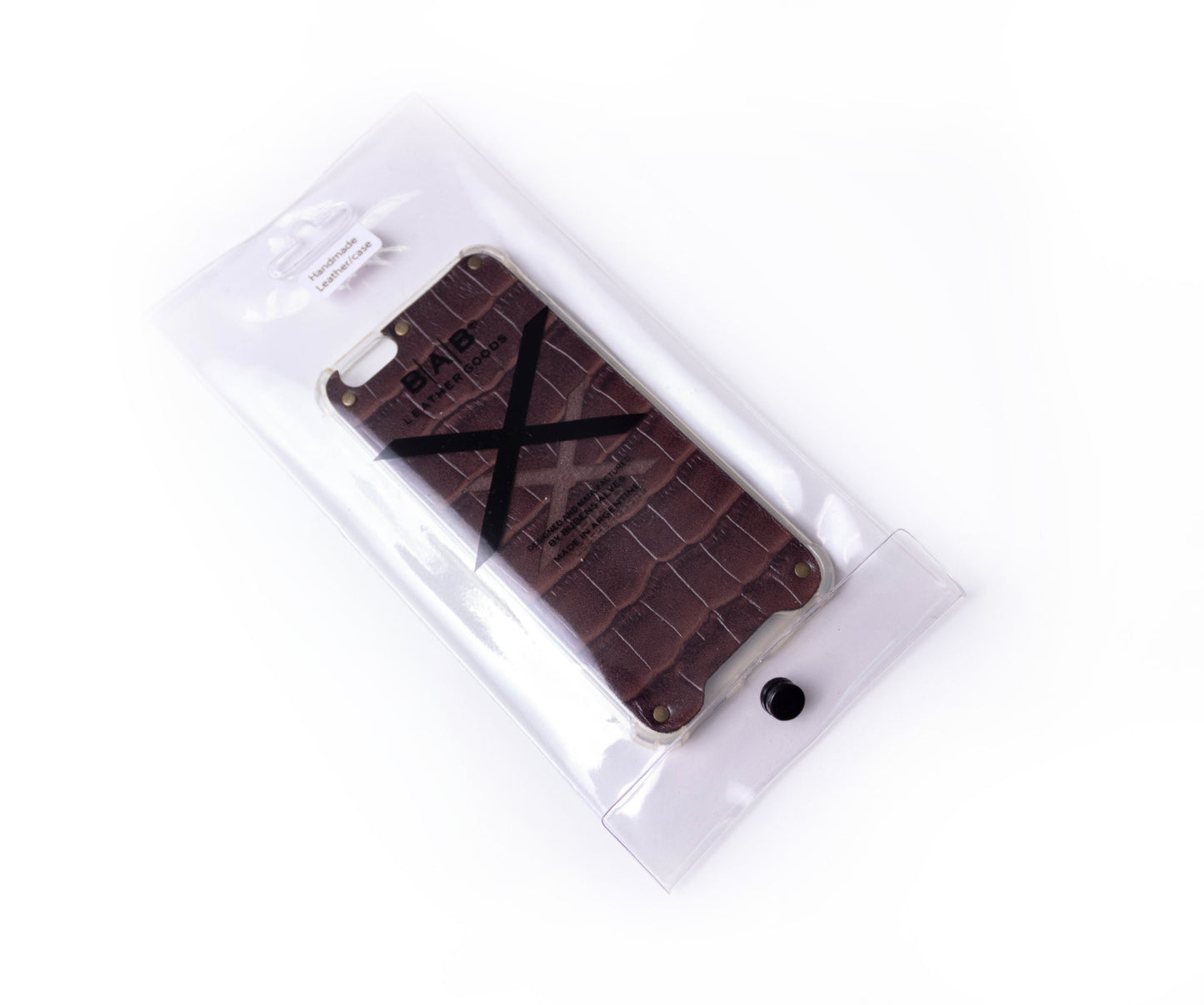 Capa para iPhone de Couro Genuíno de Crocodilo Marrom Texturizado cortado e gravado a laser, 5 Rebites de Bronze.- F36