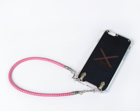 Full-Grain Genuine vegetable-tanned Leather & 925 Sterling Silver Case for iPhone. Hand-braided Pink Spiral Genuine Leather Bracelet/Choker/Strap.- F01