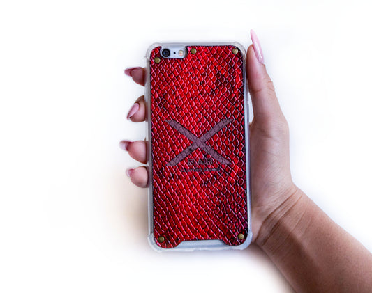 Textured Red Python Patent Genuine Leather iPhone Case cut and laser engraved, 5 Bronze Rivets.- F36