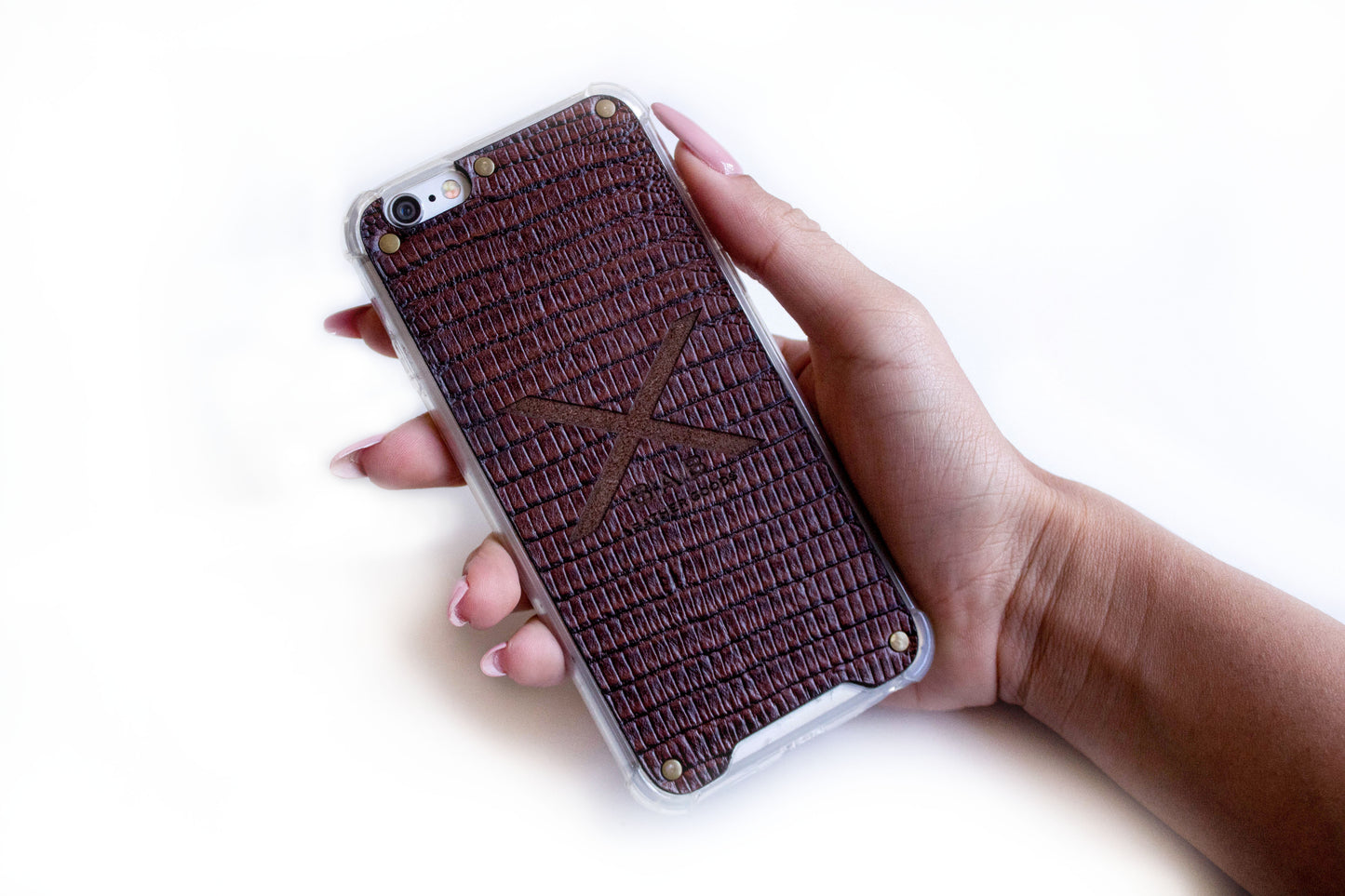 Textured Brown Lizard Patent Genuine Leather iPhone Case cut and laser engraved, 5 Bronze Rivets.- F36
