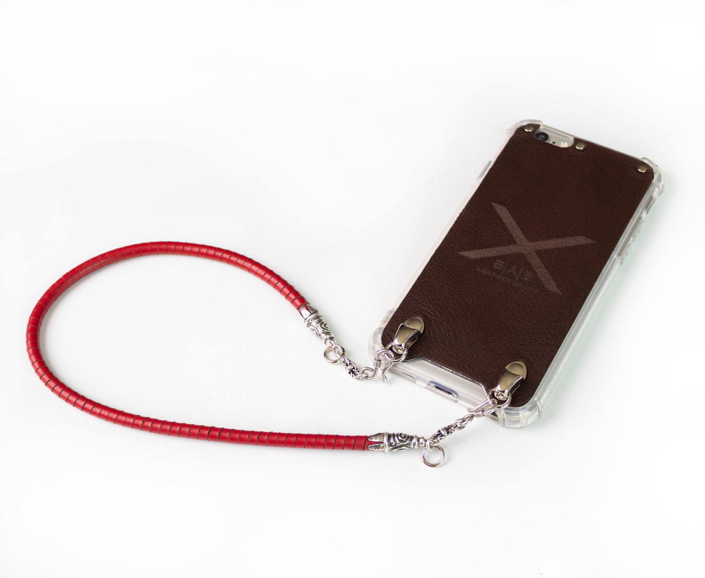 Full-Grain vegetable-tanned Genuine Leather & 925 Sterling Silver Case for iPhone. Hand-braided Red Spiral Genuine Leather Bracelet/Choker/Strap.- F01