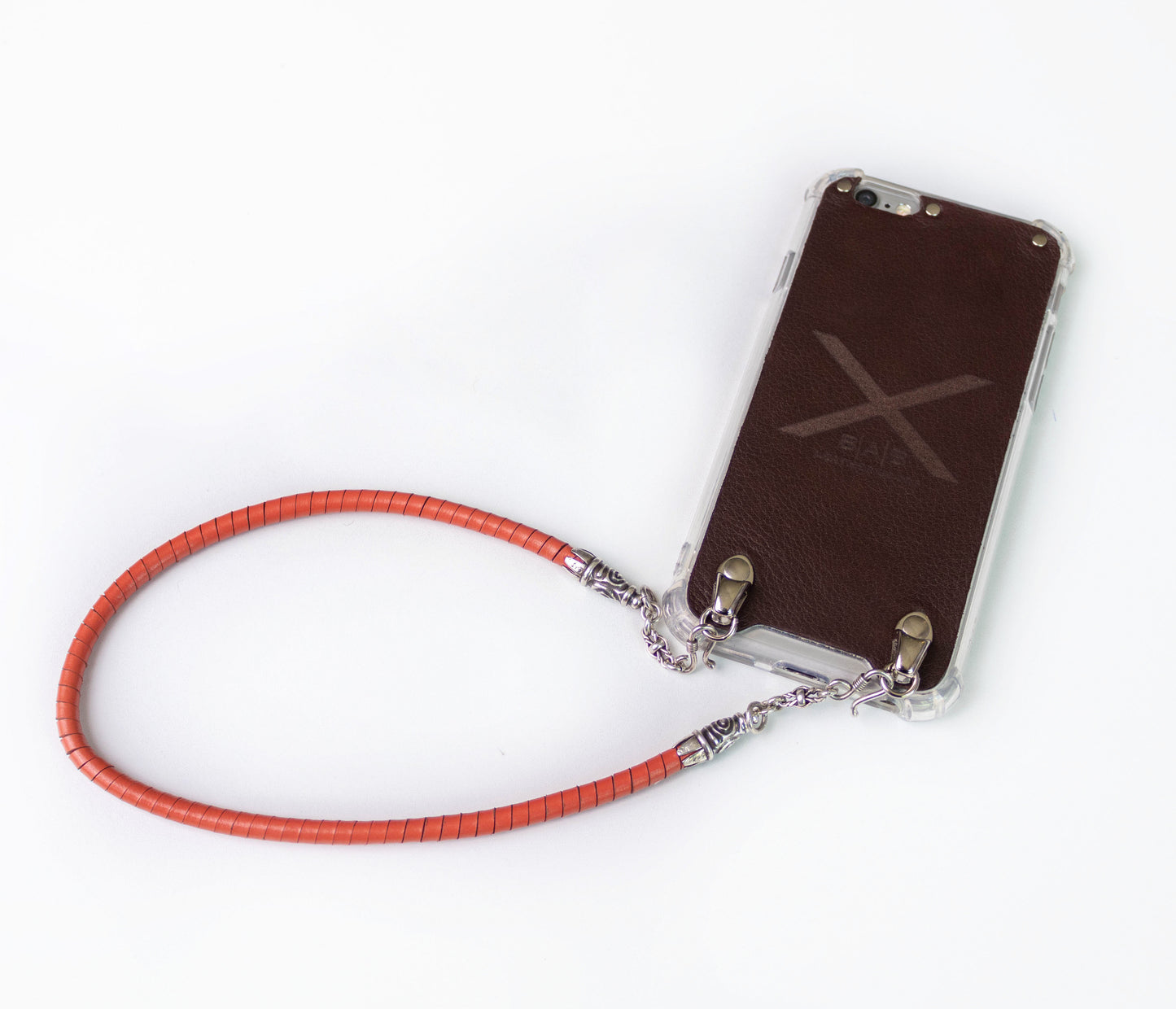 Full-Grain vegetable-tanned Genuine Leather & 925 Sterling Silver Case for iPhone. Hand-braided Orange Spiral Genuine Leather Bracelet/Choker/Strap.- F01