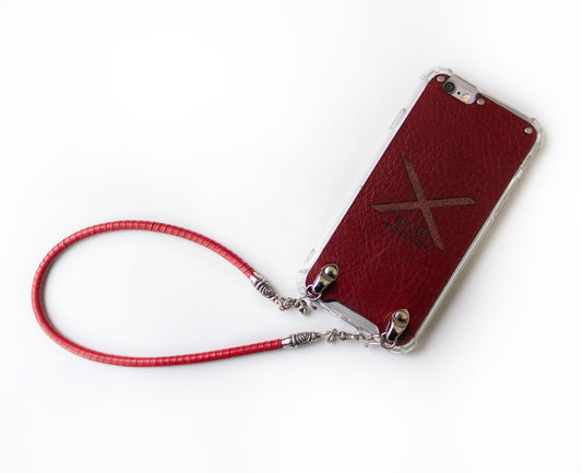 Full-Grain vegetable-tanned Genuine Leather & 925 Sterling Silver Case for iPhone. Hand-braided Red Spiral Genuine Leather Bracelet/Choker/Strap.- F01