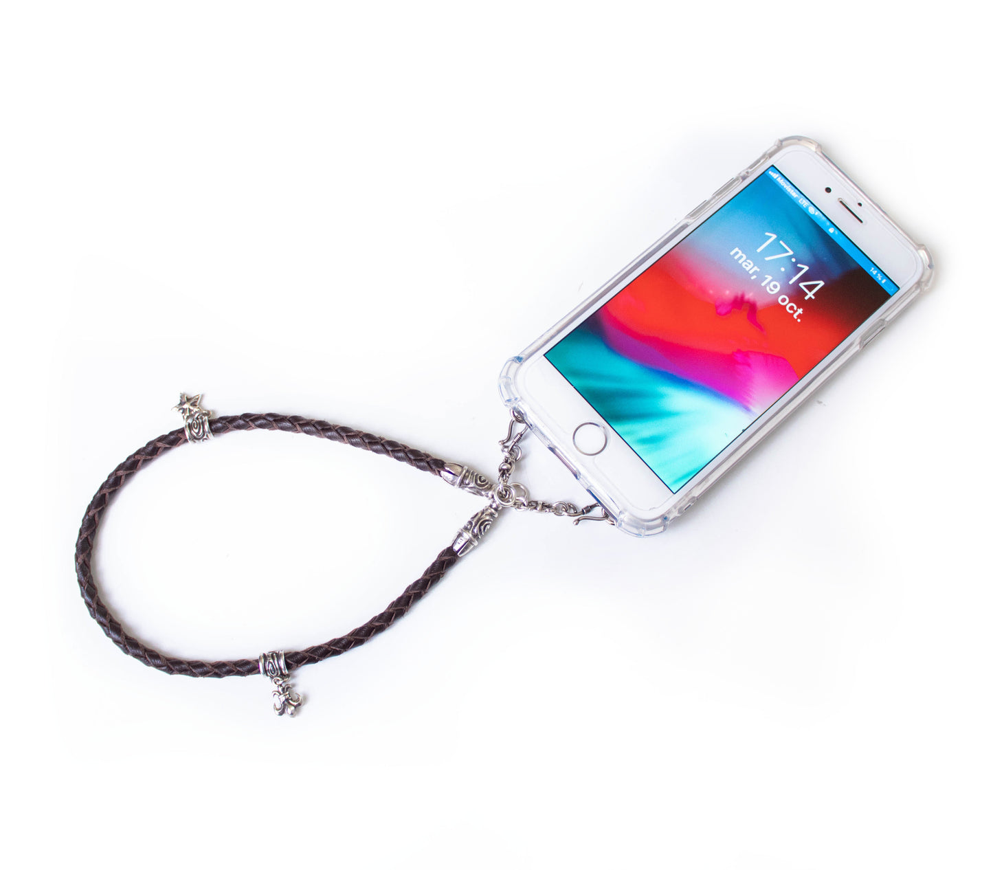 Full-Grain Genuine vegetable-tanned Leather & 925 Sterling Silver Case for iPhone. Brown Genuine Leather Bracelet/Choker/Strap 4 hand-braided strands.- F02