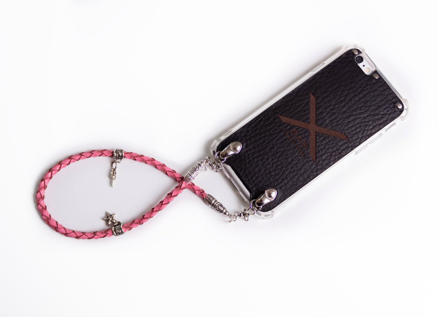 Full-Grain Genuine vegetable-tanned Leather & 925 Sterling Silver Case for iPhone. Pink Genuine Leather Bracelet/Choker/Strap 4 hand-braided strands.- F02