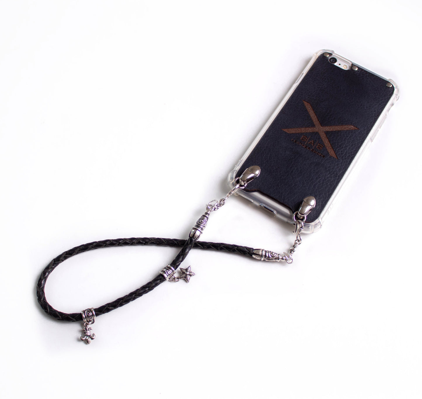 Full-Grain Genuine vegetable-tanned Leather & 925 Sterling Silver Case for iPhone. Black Genuine Leather Bracelet/Choker/Strap 4 hand-braided strands.- F02