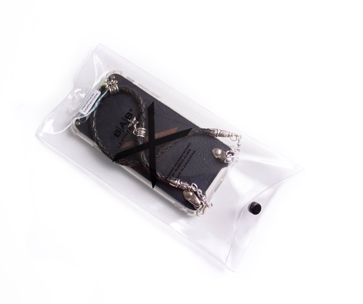 Full-Grain Genuine vegetable-tanned Leather & 925 Sterling Silver Case for iPhone. Black Genuine Leather Bracelet/Choker/Strap 4 hand-braided strands.- F02