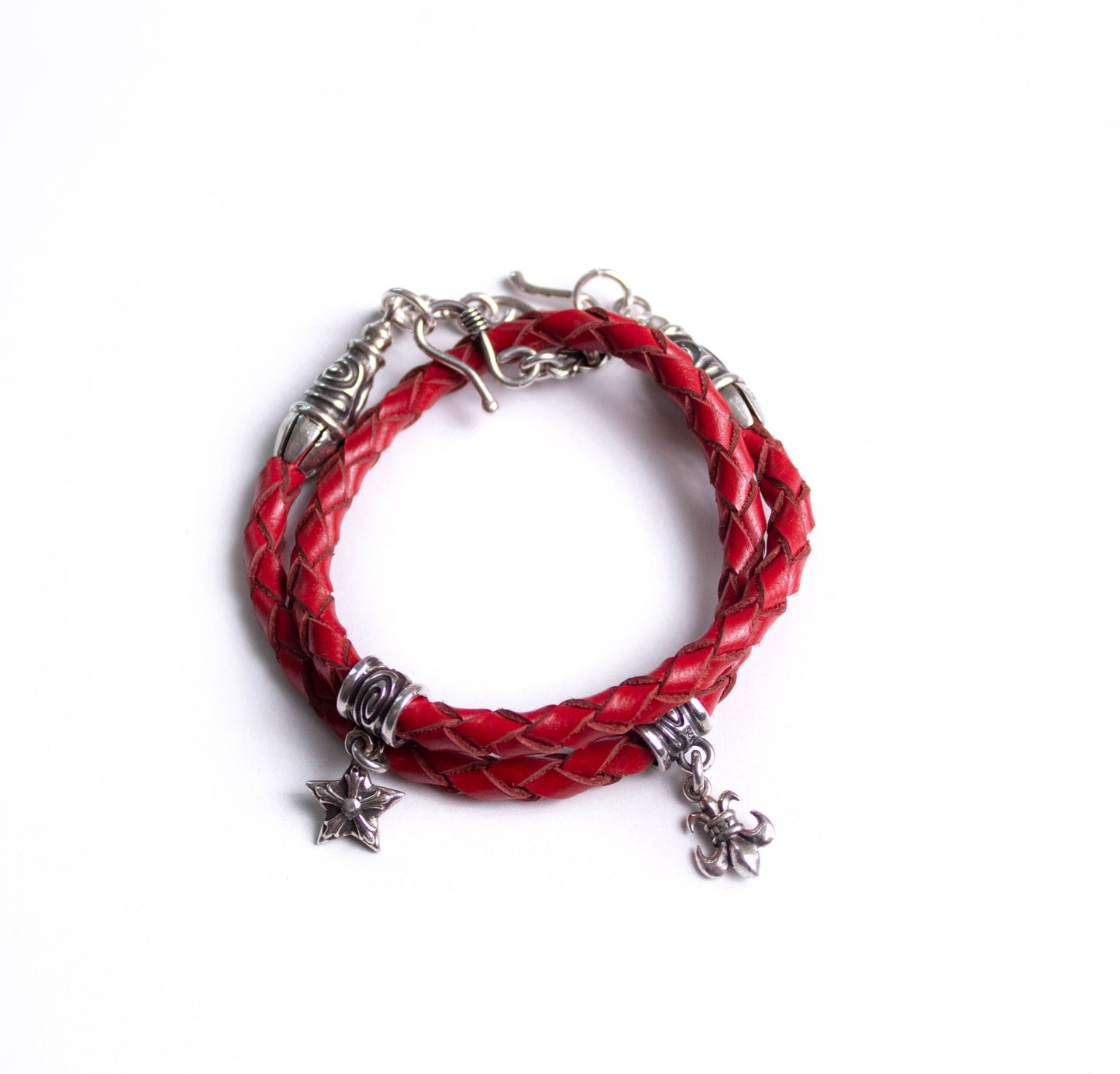 Full-Grain Genuine vegetable-tanned Leather & 925 Sterling Silver Case for iPhone. Red Genuine Leather Bracelet/Choker/Strap 4 hand-braided strands.- F02