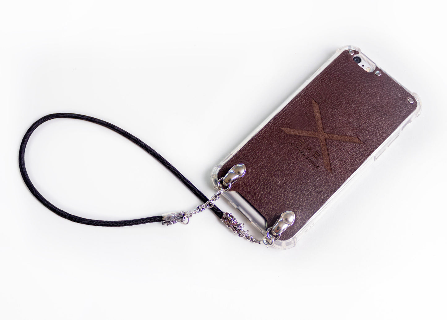 Full-Grain Genuine vegetable-tanned Leather & 925 Sterling Silver Case for iPhone. Black Elastic Rope Bracelet/Choker/Strap.- F08