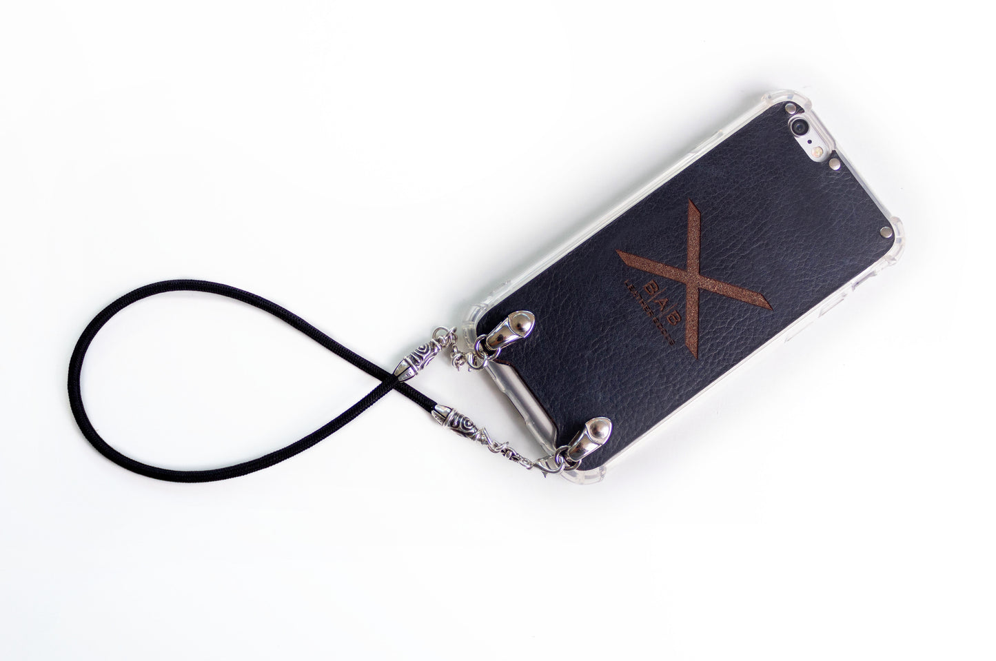 Full-Grain Genuine vegetable-tanned Leather & 925 Sterling Silver Case for iPhone. Black Elastic Rope Bracelet/Choker/Strap.- F99