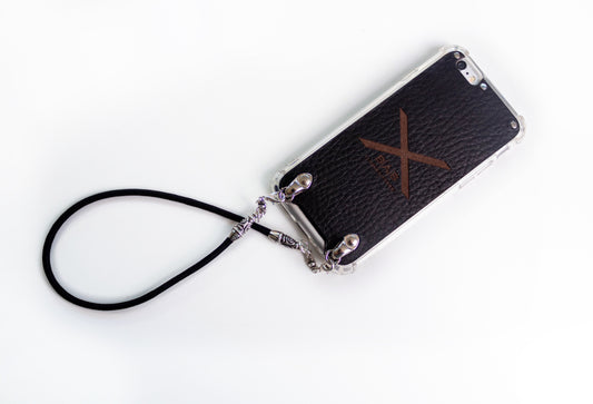 Full-Grain vegetable-tanned Genuine Leather & 925 Sterling Silver Case for iPhone. Black Elastic Rope Bracelet/Choker/Strap.- F99