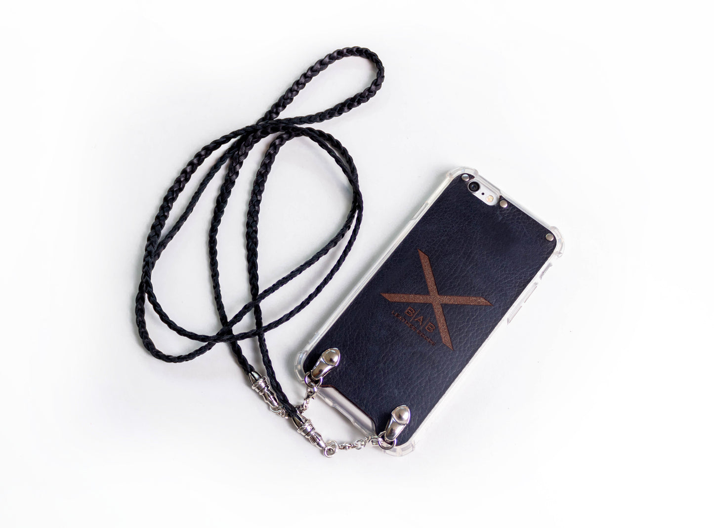 Full-Grain Genuine vegetable-tanned Leather & 925 Sterling Silver Case for iPhone. Bracelet/Crossbody/Necklace 3 double strands of Hand-braided Leather, Brown or Black.- F14​