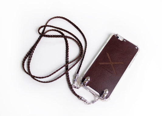Full-Grain vegetable-tanned Genuine Leather & 925 Sterling Silver Case for iPhone. Bracelet/Crossbody/Necklace 3-double strand of Hand-braided Leather, Brown or Black.- F14​