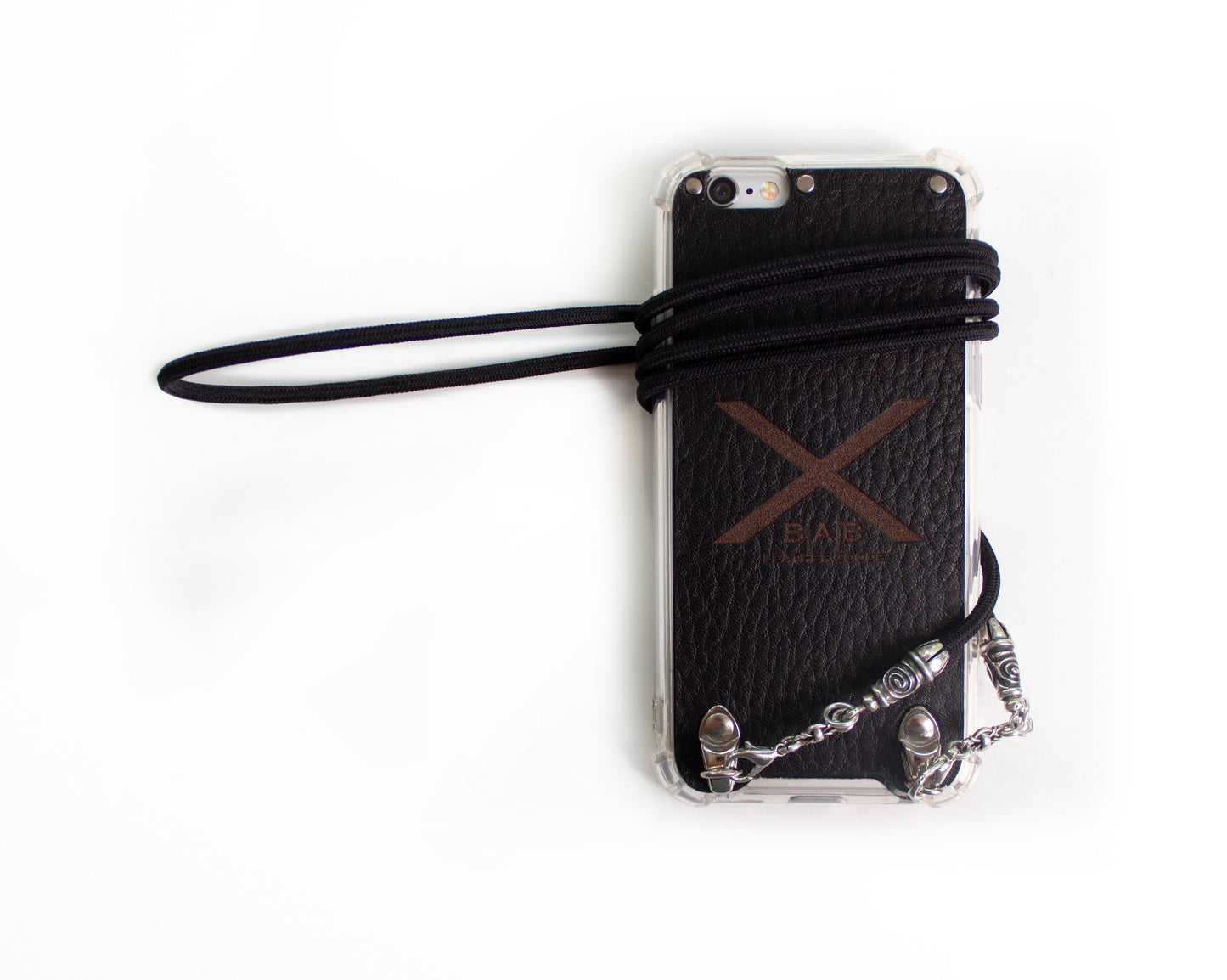 Full-Grain Genuine vegetable-tanned Leather & 925 Sterling Silver Case for iPhone. Black Elastic Rope Bracelet/Crossbody/Strap.- F11