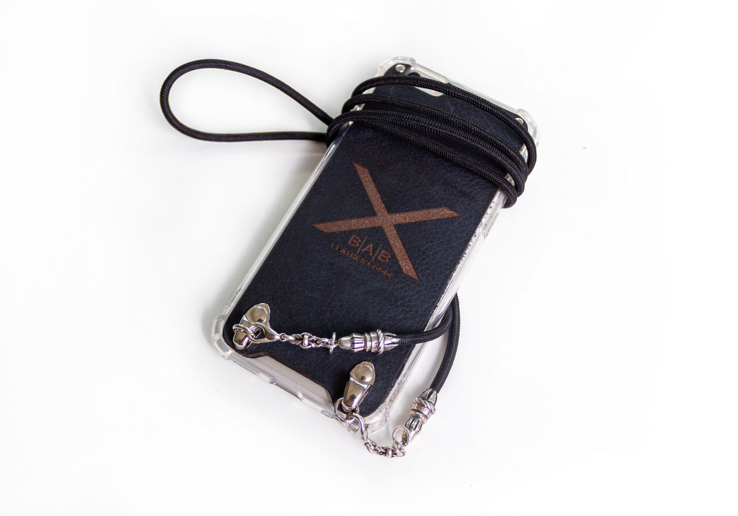 Full-Grain Genuine vegetable-tanned Leather & 925 Sterling Silver Case for iPhone. Black Elastic Rope Bracelet/Crossbody/Strap.- F29