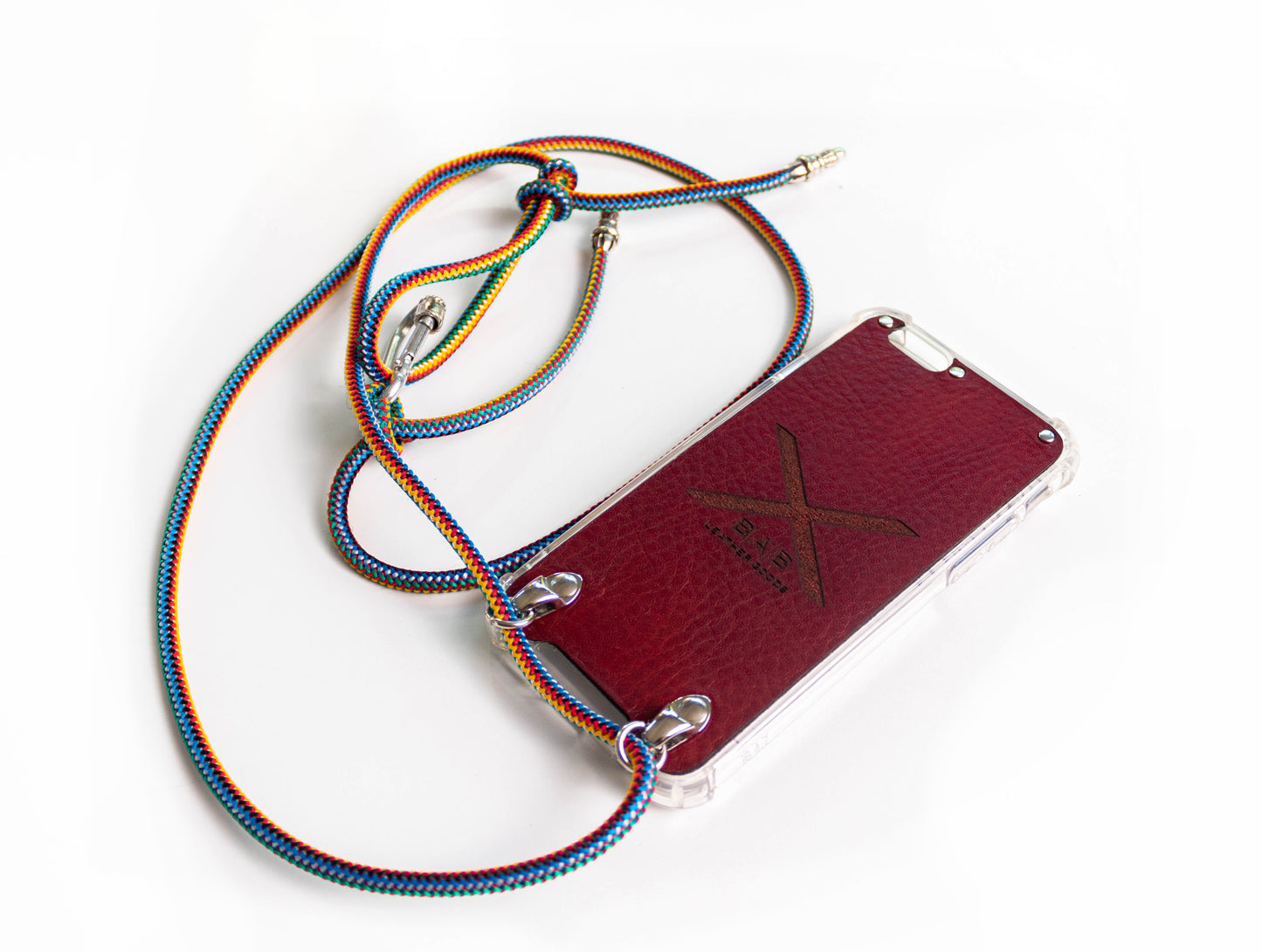 Funda para iPhone de Cuero Full-Grain & Bronce Plateado. Crossbody regulable de Cuerda Elástica Colorida.- F15